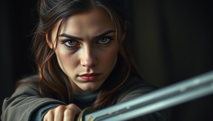 Young woman with intense gaze holding a sword, martial arts training