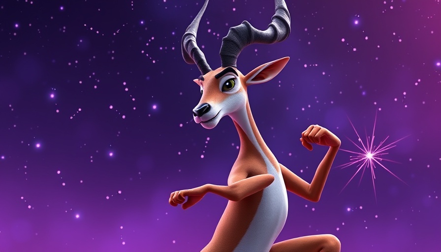 Colorful cartoon antelope practicing martial arts in cosmic setting.