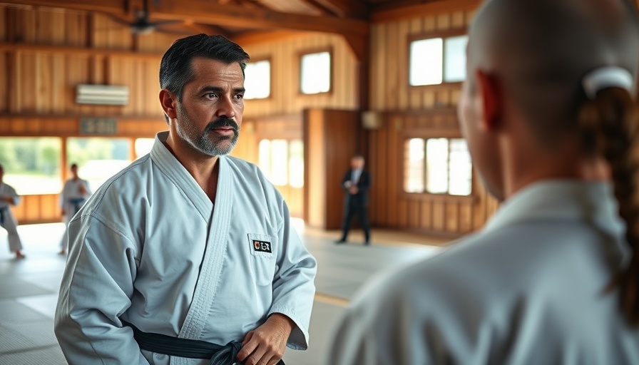 Instructor observes martial arts Mitori Geiko practice in spacious dojo.