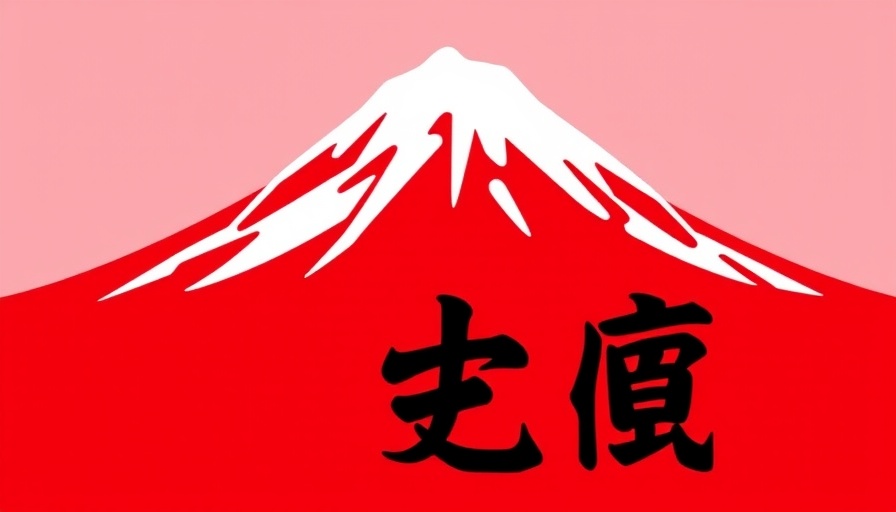 Graphic of snowy mountain with kanji on red background, simplistic design.