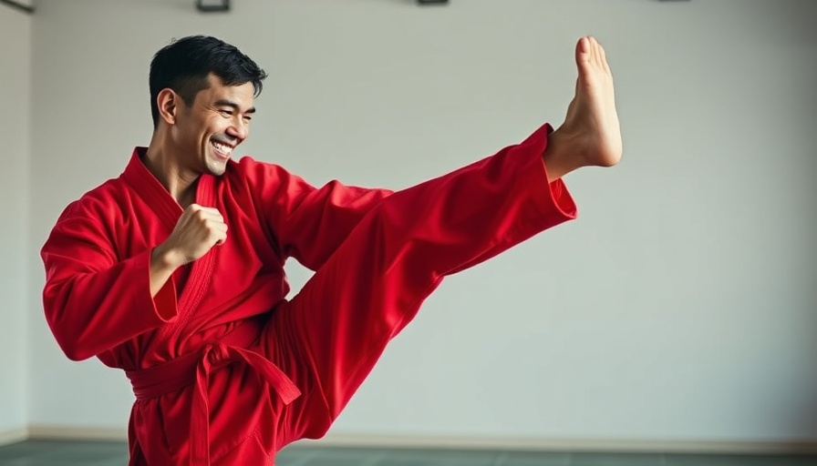 Martial arts motivation: Smiling instructor demonstrating high kick.