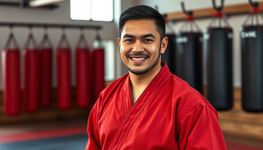 Martial arts instructor in red gi at a class in Gurnee.