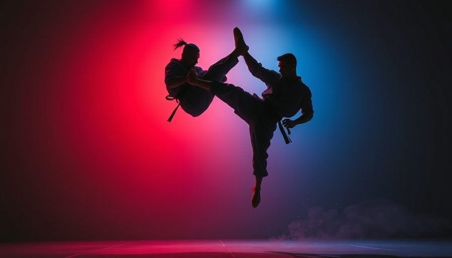Dynamic silhouette of a martial artist jumping in mid-air.
