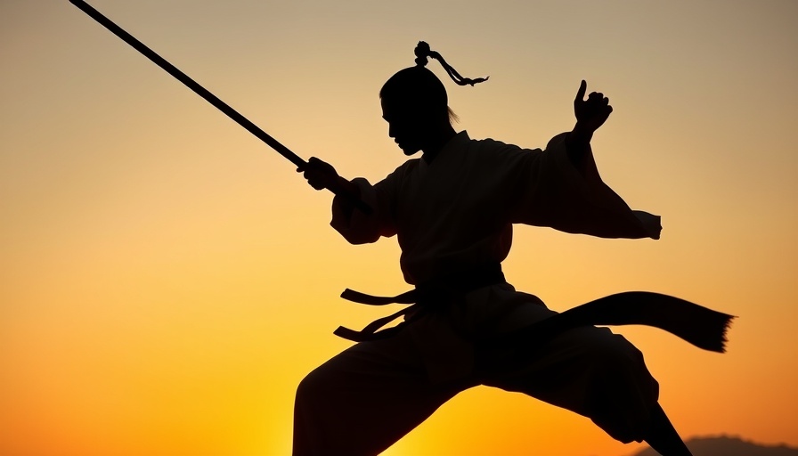 Silhouette of martial artist practicing bojutsu with a staff at sunset.