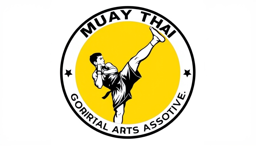 Muay Thai logo with fighter kicking, yellow backdrop.