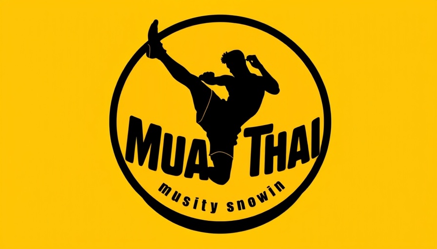 Muay Thai emblem with martial artist silhouette, kick action, yellow circle