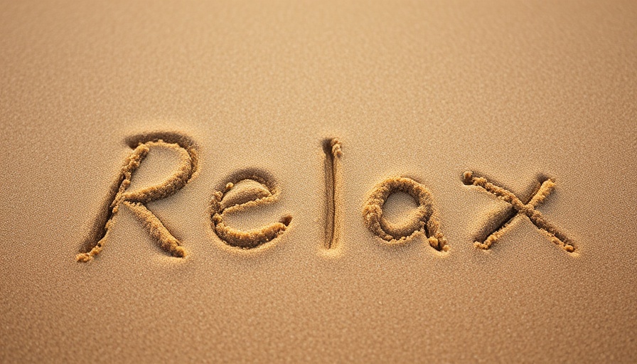 'Relax' written in sand, beach setting.