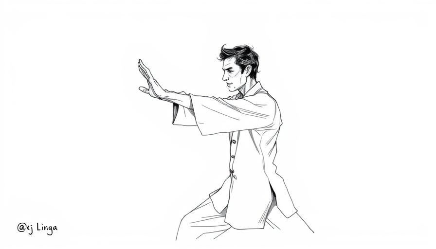 Monochrome sketch of Tai Chi push against a wall