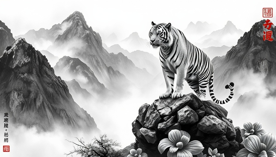 Tiger in traditional Chinese ink landscape symbolizing qi energy.