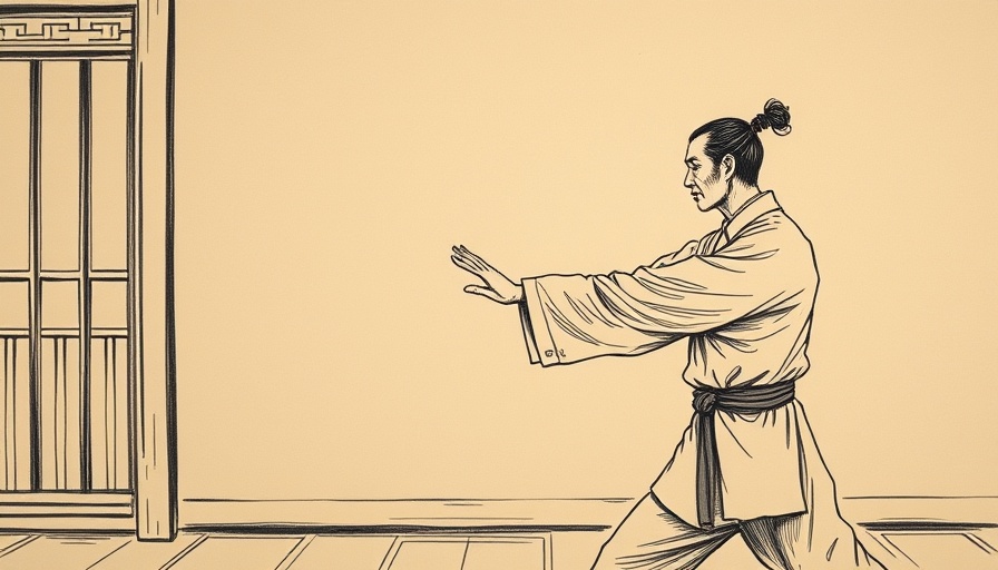 Traditional ink drawing of Tai Chi push technique against a wall.