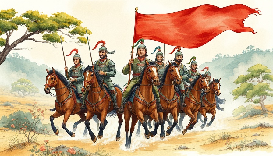 Historical illustration depicting formation of the Ming army with soldiers on horseback.