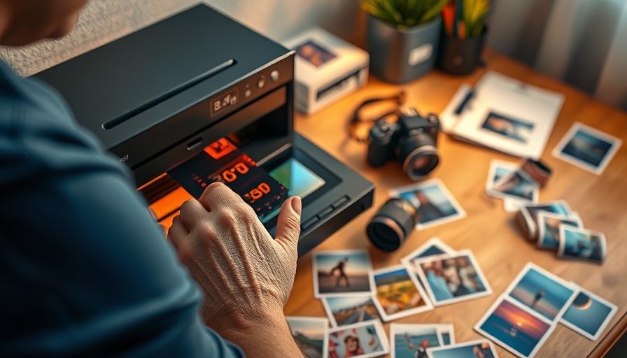 Person scanning films on desk, film photography setup.