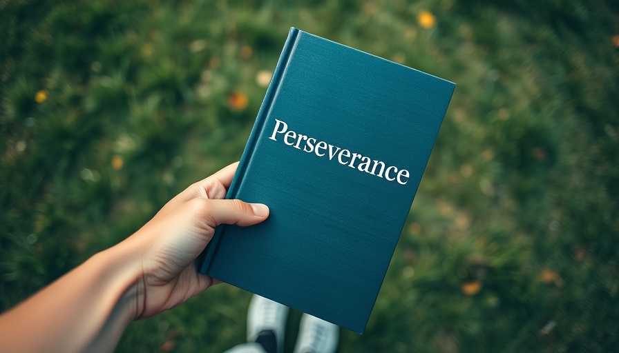 Hand holding a book titled Perseverance outside.