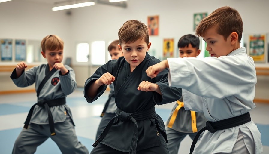 Kids in martial arts gear sparring in dojo, teaching apologies.