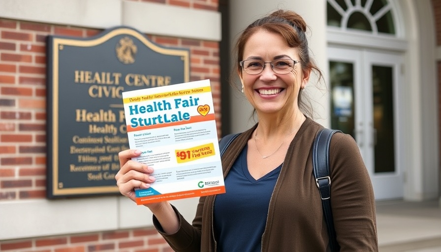 Senior living marketing partnerships flyer held by woman at civic center.