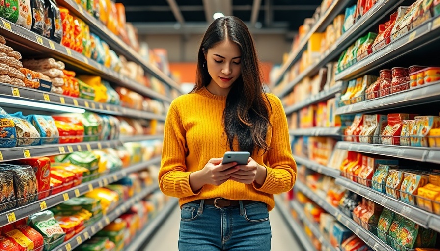Woman shopping in grocery aisle with smartphone and canned goods.