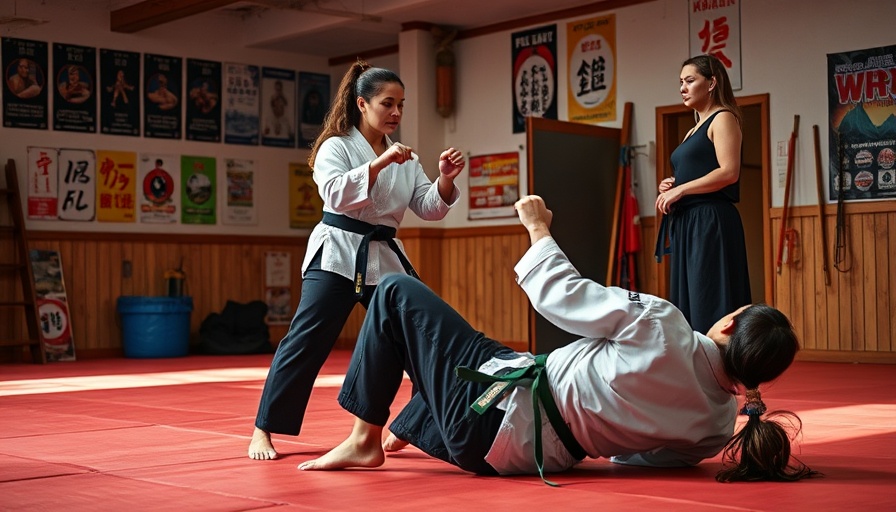 Women's self-defense class in dojo, practicing techniques.