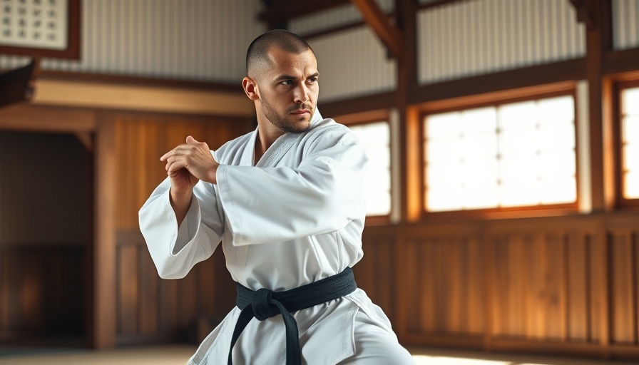 Martial artist practicing kata in traditional dojo setting.