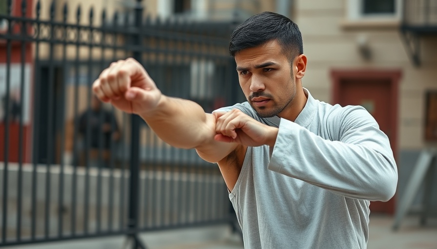 常行 Joko Shotokan Karate practitioner practicing punch in urban setting.
