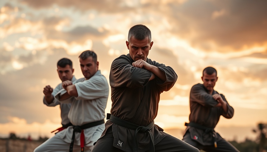 Martial artists practicing kata at sunset, role of kata in martial arts emphasized.