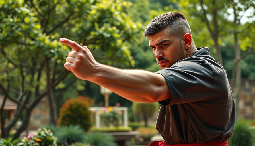 Martial artist performing Goju-Ryu Kata in a garden