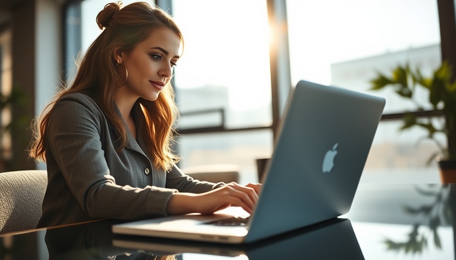 Focused woman working on laptop in office to buy growth stocks.