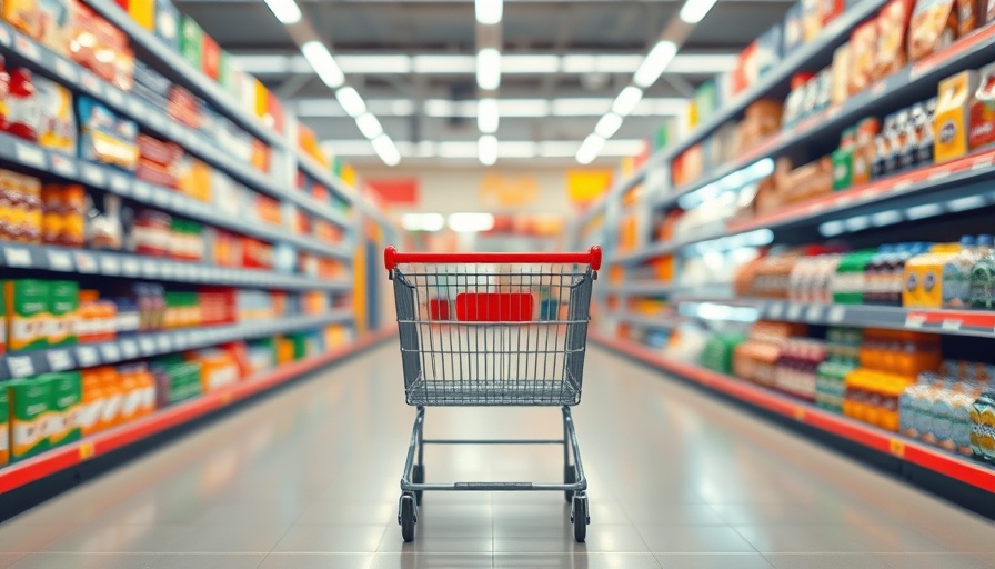 Shopping cart in grocery aisle at the next Costco for retirees.