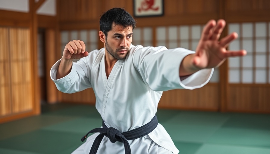 Karate practitioner displays technique in dojo, integration of Chikara no kyoujaku and Waza no kankyu.