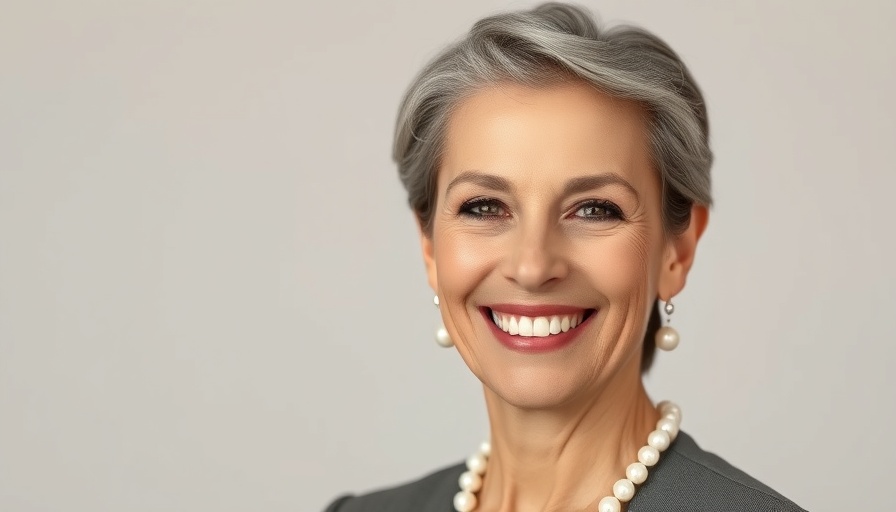 Smiling middle-aged woman in formal attire, neutral background.