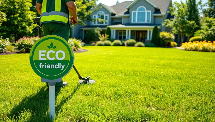 Seasonal yard care with eco-friendly lawn service sign.