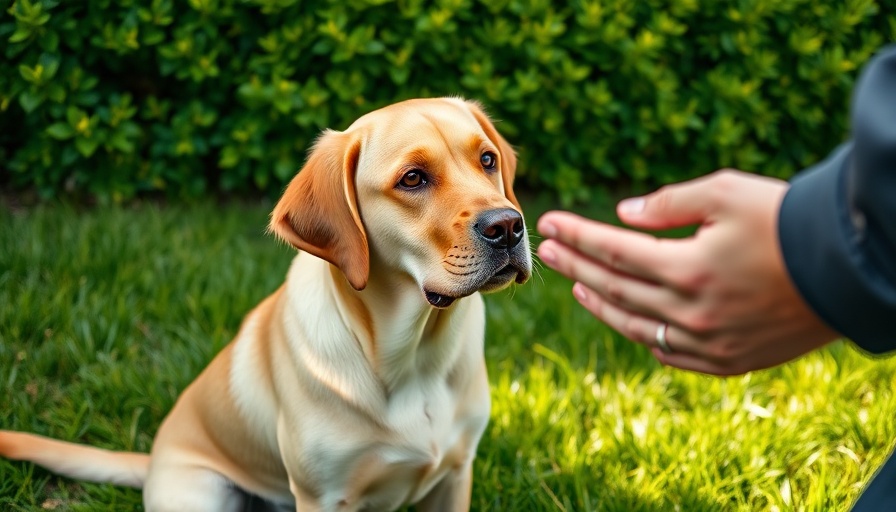 Yellow Labrador observing a hand on green grass, seasonal yard care.