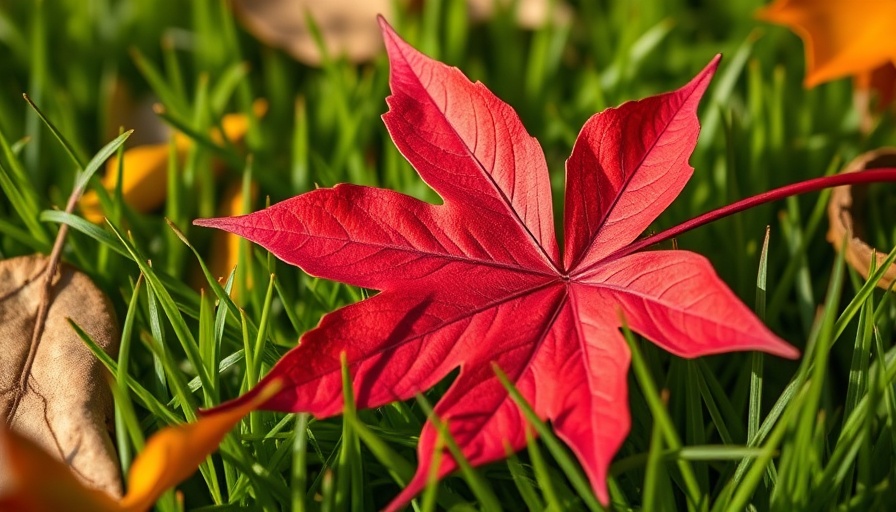 Vibrant red leaf on lush grass representing fall fertilization for lawns.