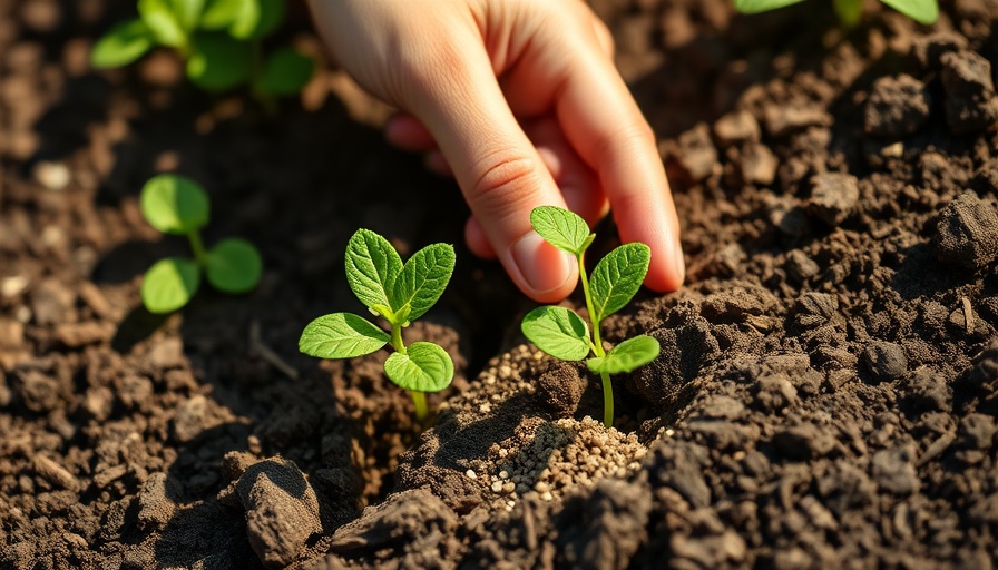 Granular fertilizer being applied to young plant in garden
