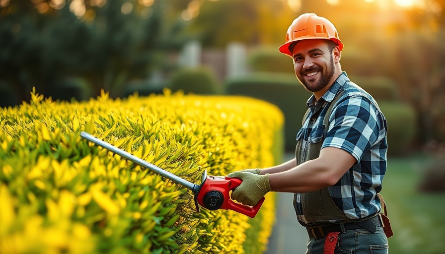 Landscaper trimming hedges in a garden setting.