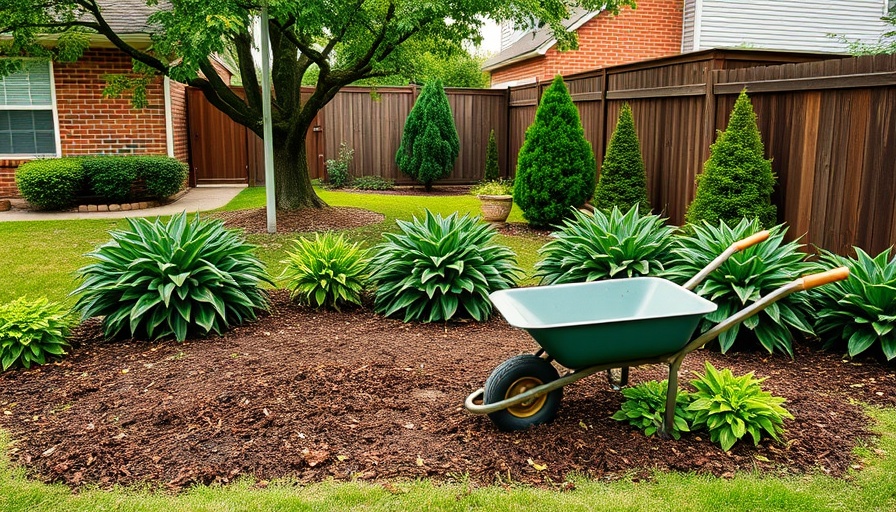 Freshly mulched yard scene, showcasing mulch application for gardening.