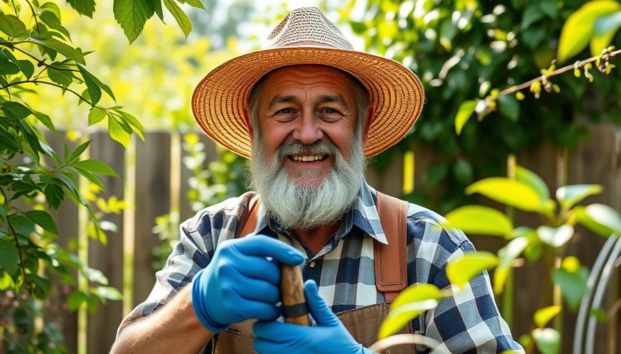 Older man gardening in a lush garden, best cities for naked gardening.