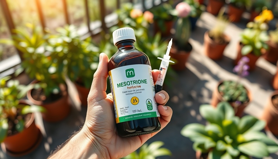 Mesotrione herbicide bottle and syringe in garden setting