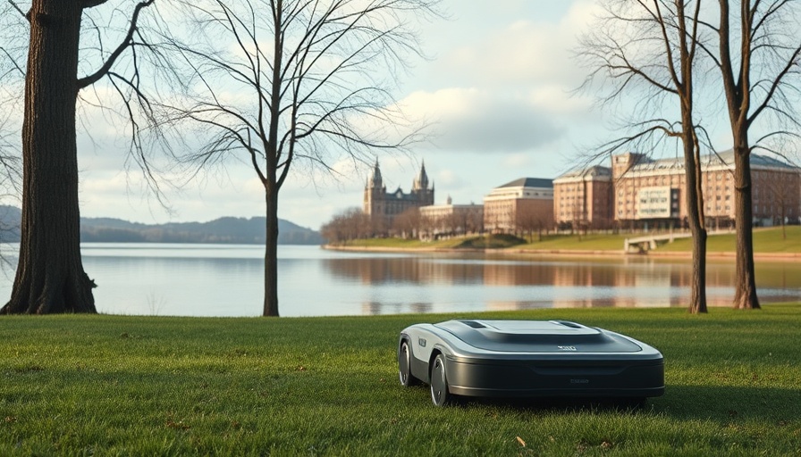 Kress Commercial Robotics Cut N Go mower by lakeside with buildings.