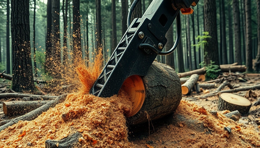 Machinery attachment cutting tree trunk in forest, clearing land.