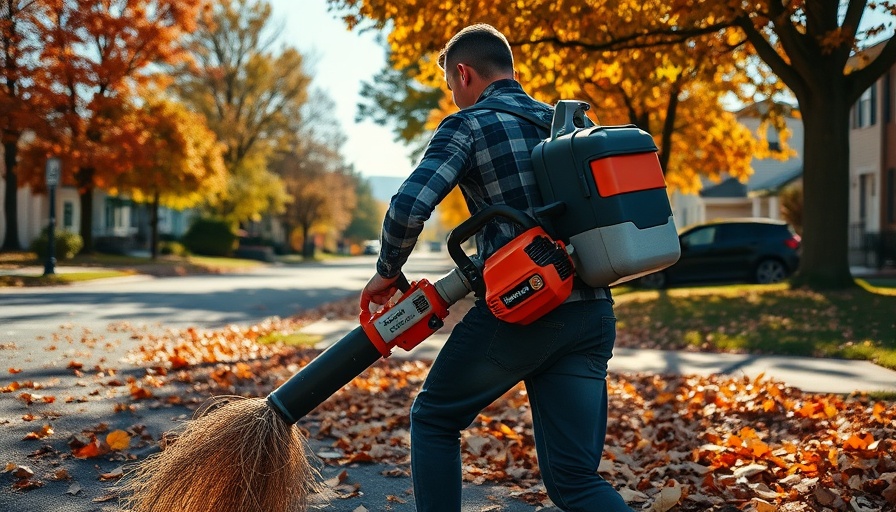 Man using Husqvarna backpack blower on suburban street, clearing leaves.