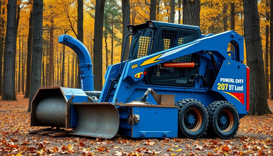 Blue skid steer with heavy duty mulcher in forest setting.