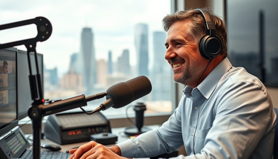 Middle-aged man in radio studio discussing sustainable landscaping trends 2025.