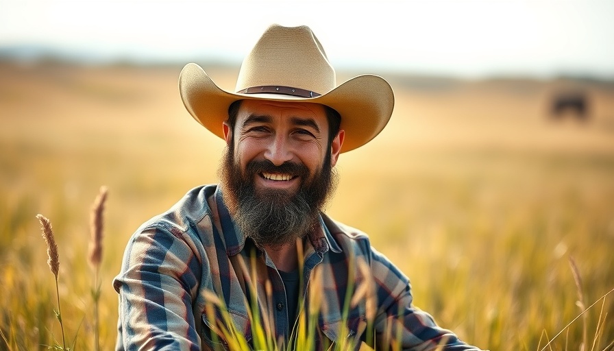 Bearded man in cowboy hat smiles in grassy field, illustrating Post Malone Kubota Partnership.