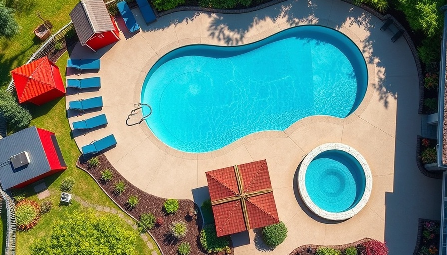 ANSI compliant pool area with lush garden and furniture.