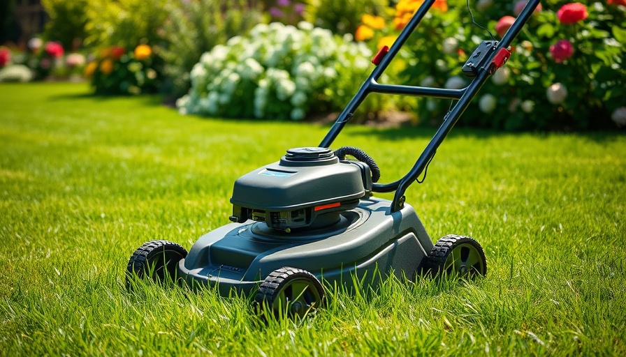 Propane-powered lawn mower in a vibrant garden setting.