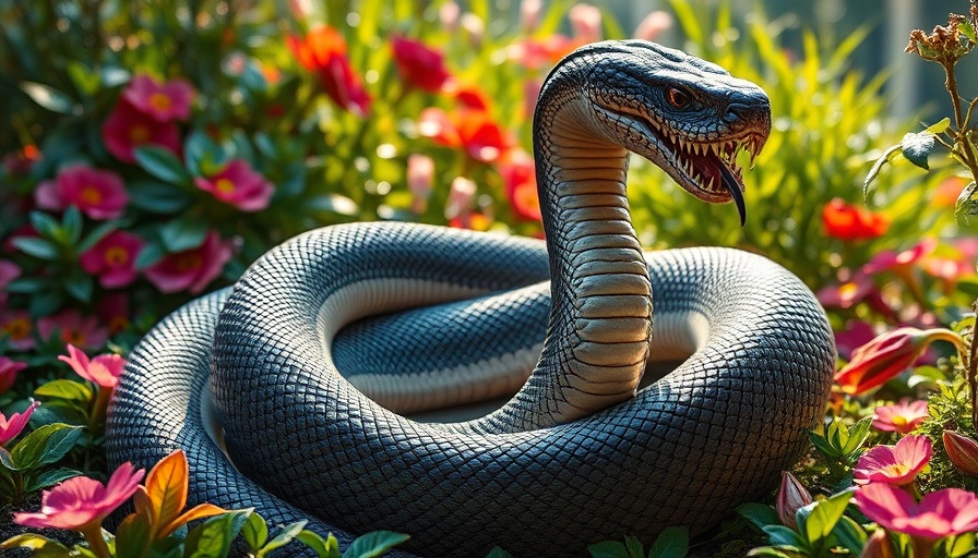 Majestic serpent in a lush garden, illustrating Eden.