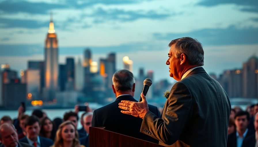 Speaker on cuts to Medicare Medicaid plans, city skyline backdrop.