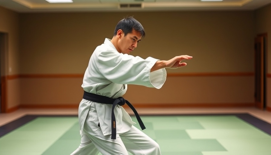 Karate stance Kokutsu-Dachi, focused Shotokan training in a dojo.