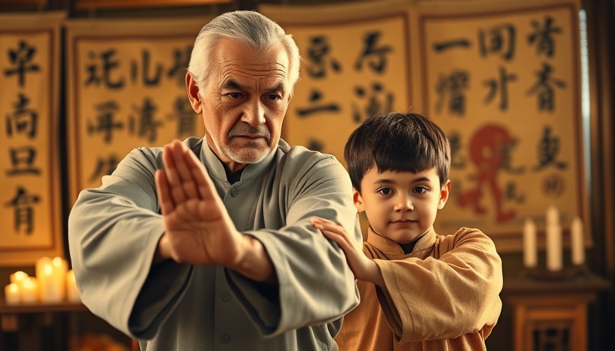 Elderly man and boy demonstrating the use of force in Tai Chi.