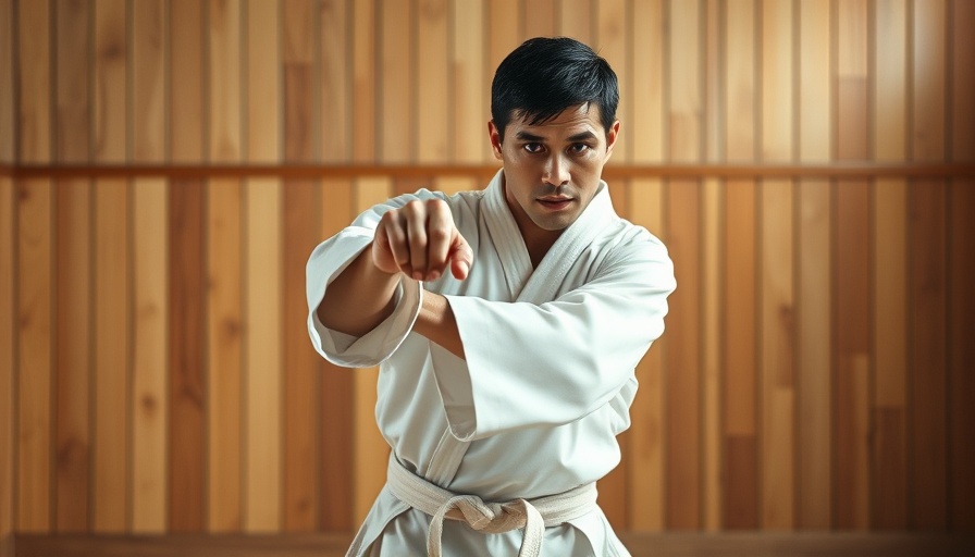 Martial artist in traditional karate dojo practicing technique.